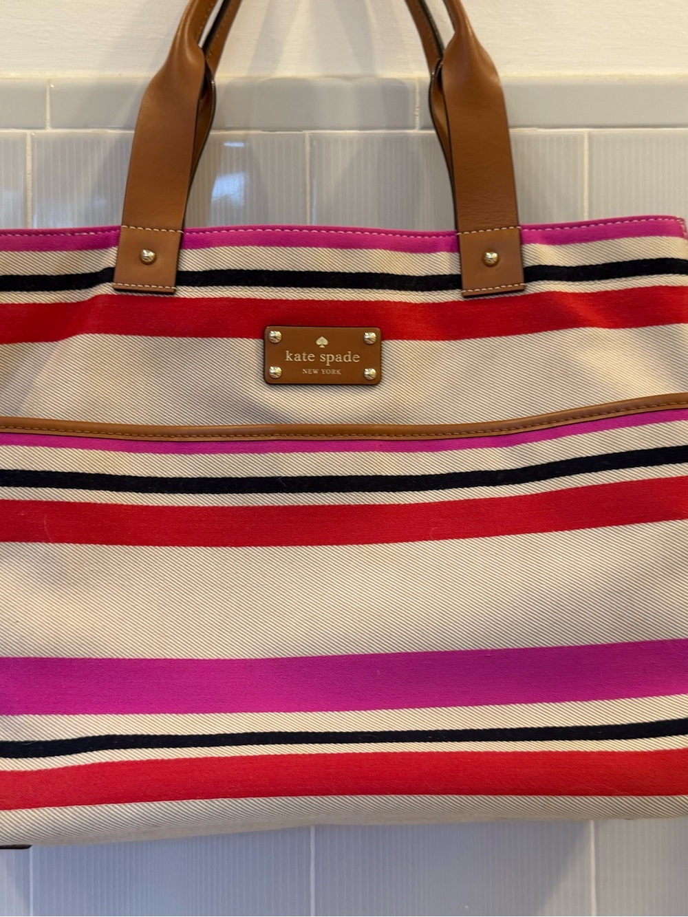 Kate Spade Pink, Red & Tan Striped Canvas Tote